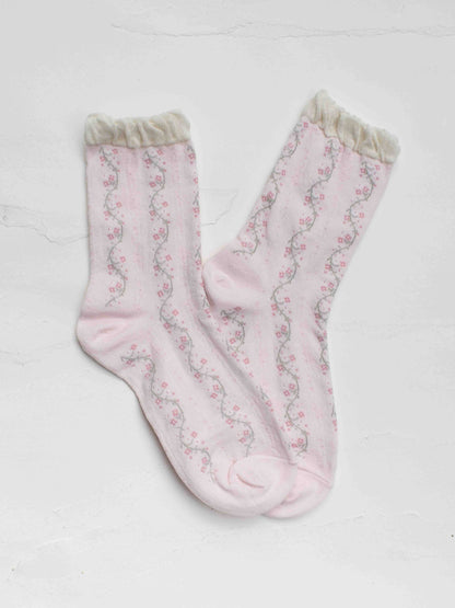 Vintage Floral Vine Crew Socks: Pink