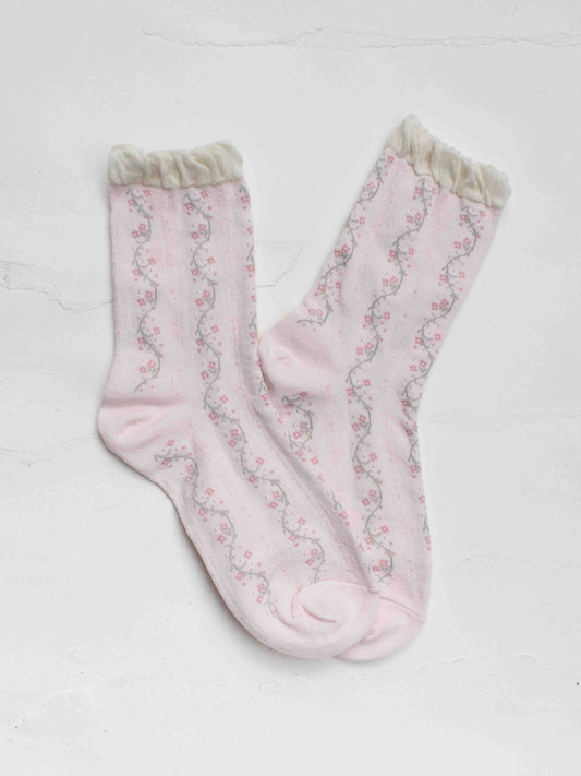 Vintage Floral Vine Crew Socks: Pink