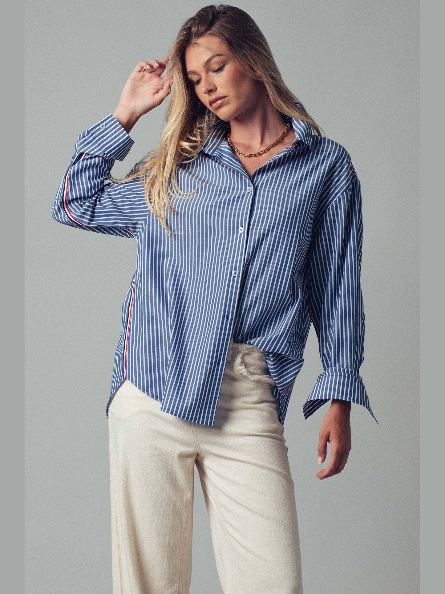 Striped Twill Tape Detail Statement Button Shirt: NAVY STRIPE