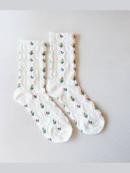 Romantic Floral Casual Socks: White