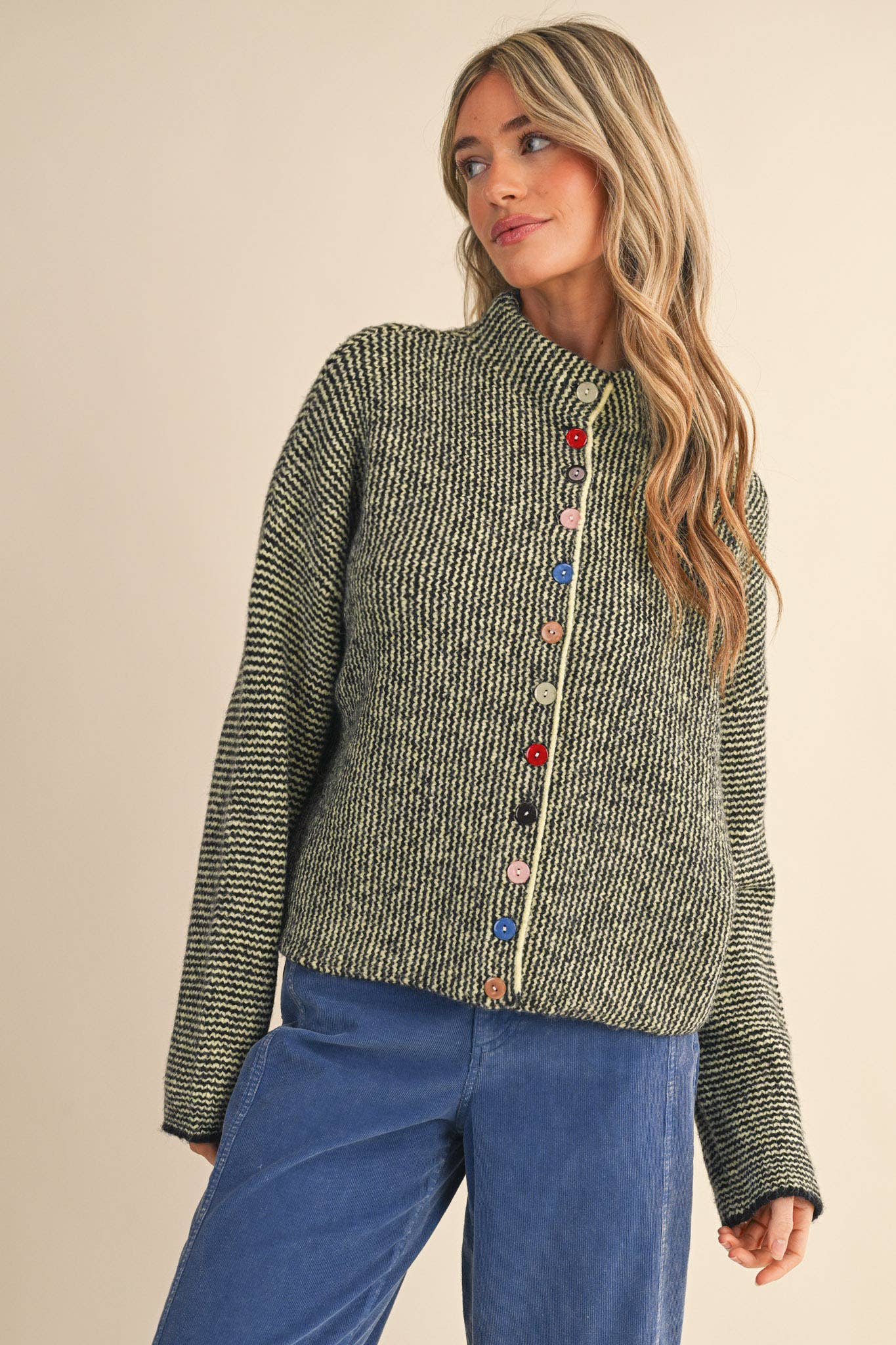 STRIPED SWEATER CARDIGAN WITH COLORFUL BUTTONS MSW11250: IVORY RED / L