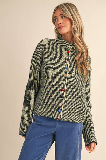 STRIPED SWEATER CARDIGAN WITH COLORFUL BUTTONS MSW11250: BLACK BLUE / L