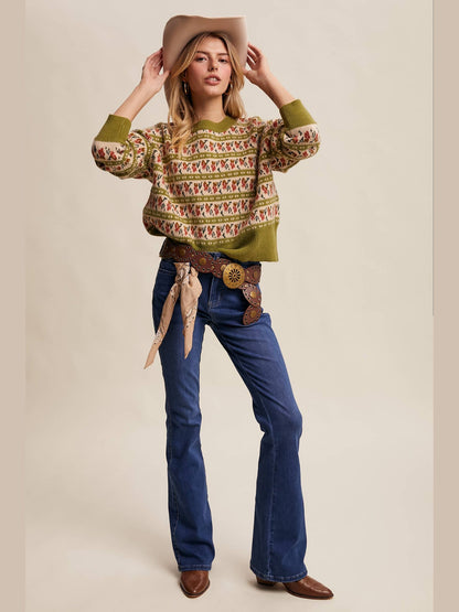 Floral Knit Sweater: Vintage Green