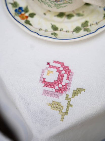 Folklore Cross Stitch Embroidered Tea Cloth - White