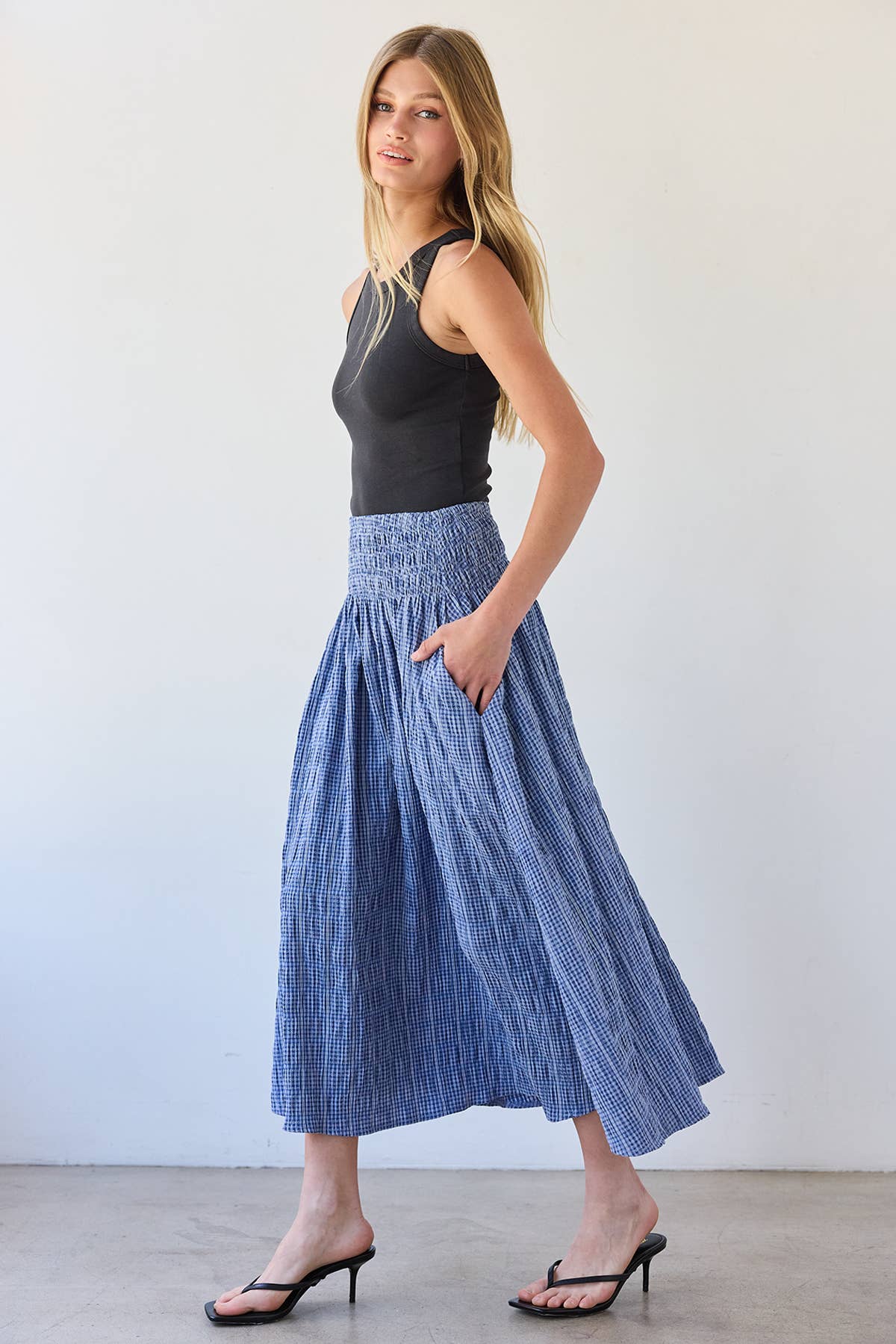 Smocked Waist Check Midi Skirt - RS1092: BLUE CHECK / S-M-L (3-2-1)