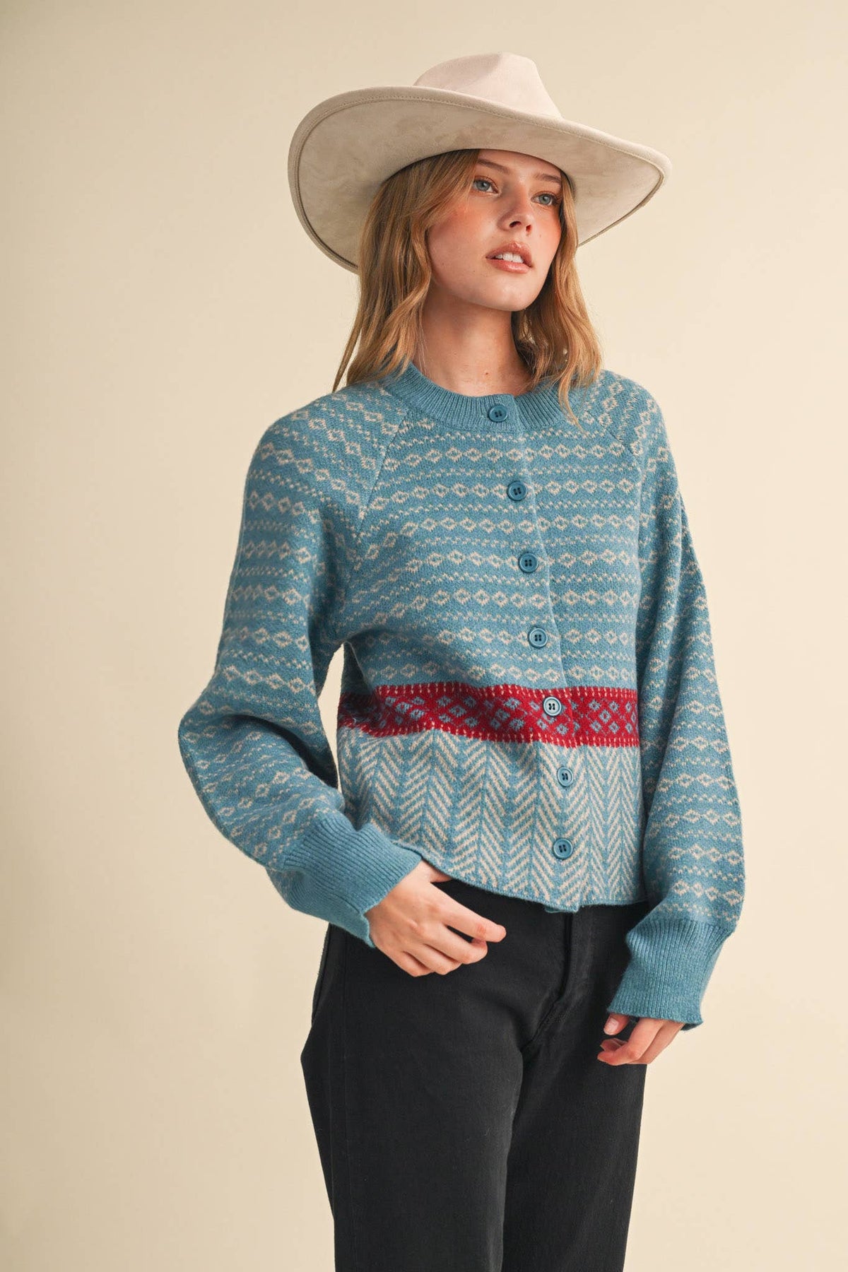 GEOMETRIC KNIT BUTTON UP SWEATER CARDIGAN: PEACOCK CREAM