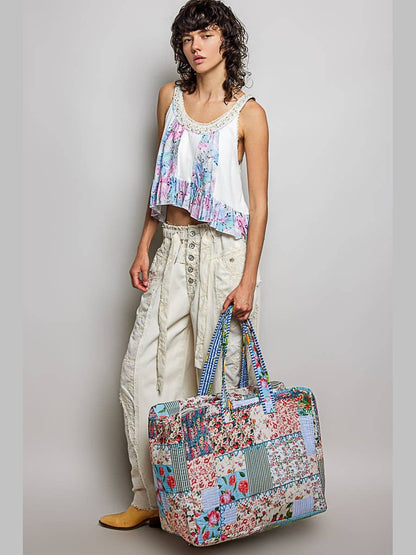 Trompe L’oeil Patchwork Structured Quilted Tote Bag: IVORY/BLUE / Os