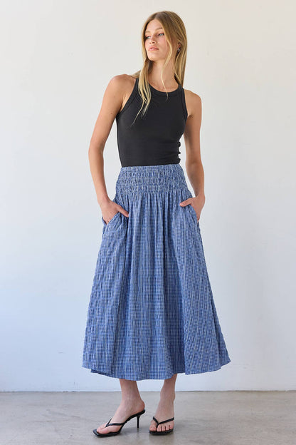 Smocked Waist Check Midi Skirt - RS1092: BLUE CHECK / S-M-L (3-2-1)