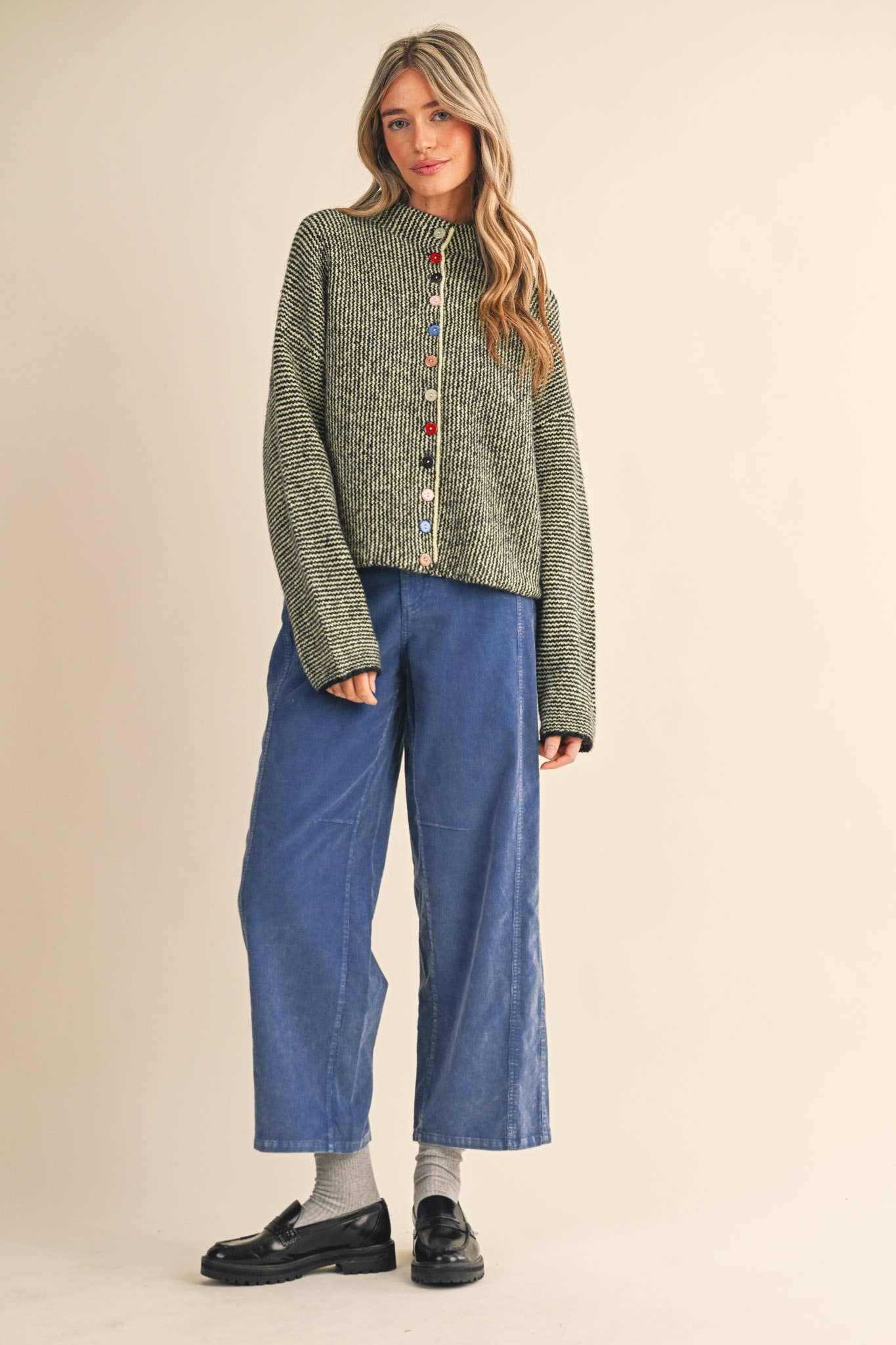 STRIPED SWEATER CARDIGAN WITH COLORFUL BUTTONS MSW11250: IVORY RED / L