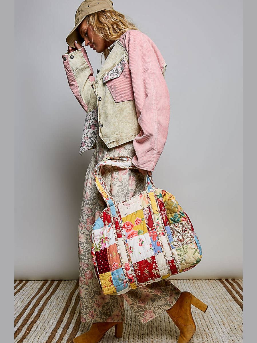Quilted Vibrant Patchwork Vintage Crafted Weekender Bag: CREAM MULTI