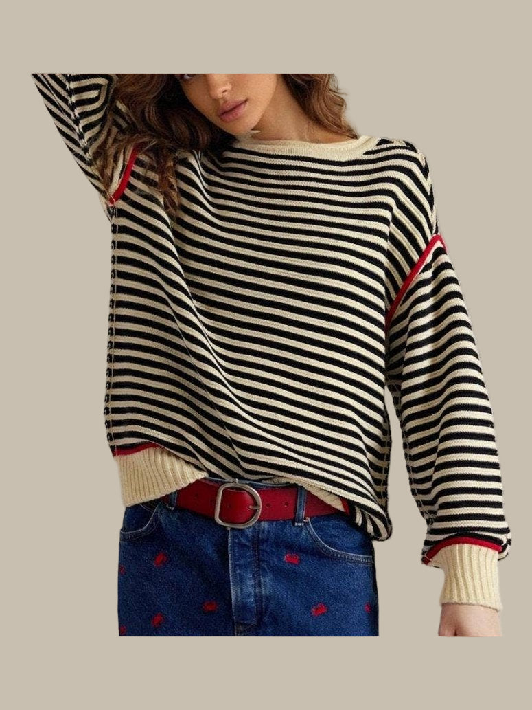 Striped Boat‑Neck Sweater with Red Accent Trim: Beige