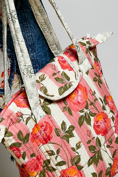 Quilted Floral Rose Print Vintage Crafted Tote Bag: PINK MULTI