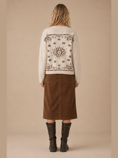 SA10162T - Western Bandana Jacquard Crewneck Sweater: Brown / M/L
