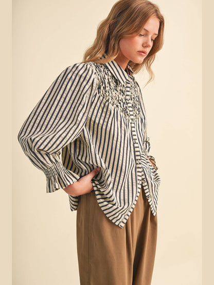 STRIPED BUTTON UP TOP WITH DIAMOND SMOCKED YOKE MTP5183: DENIM BLUE STRIPE / L