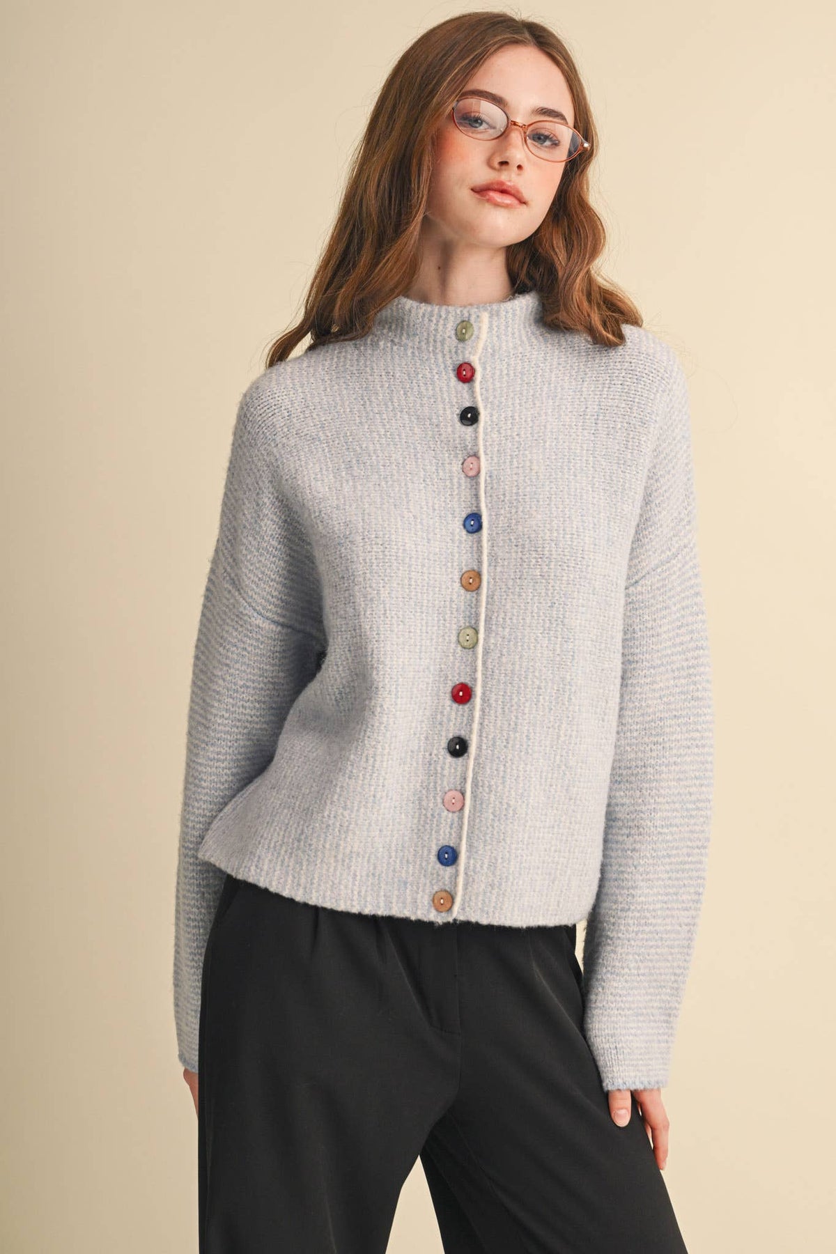 STRIPED SWEATER CARDIGAN WITH COLORFUL BUTTONS: POWDER BLUE