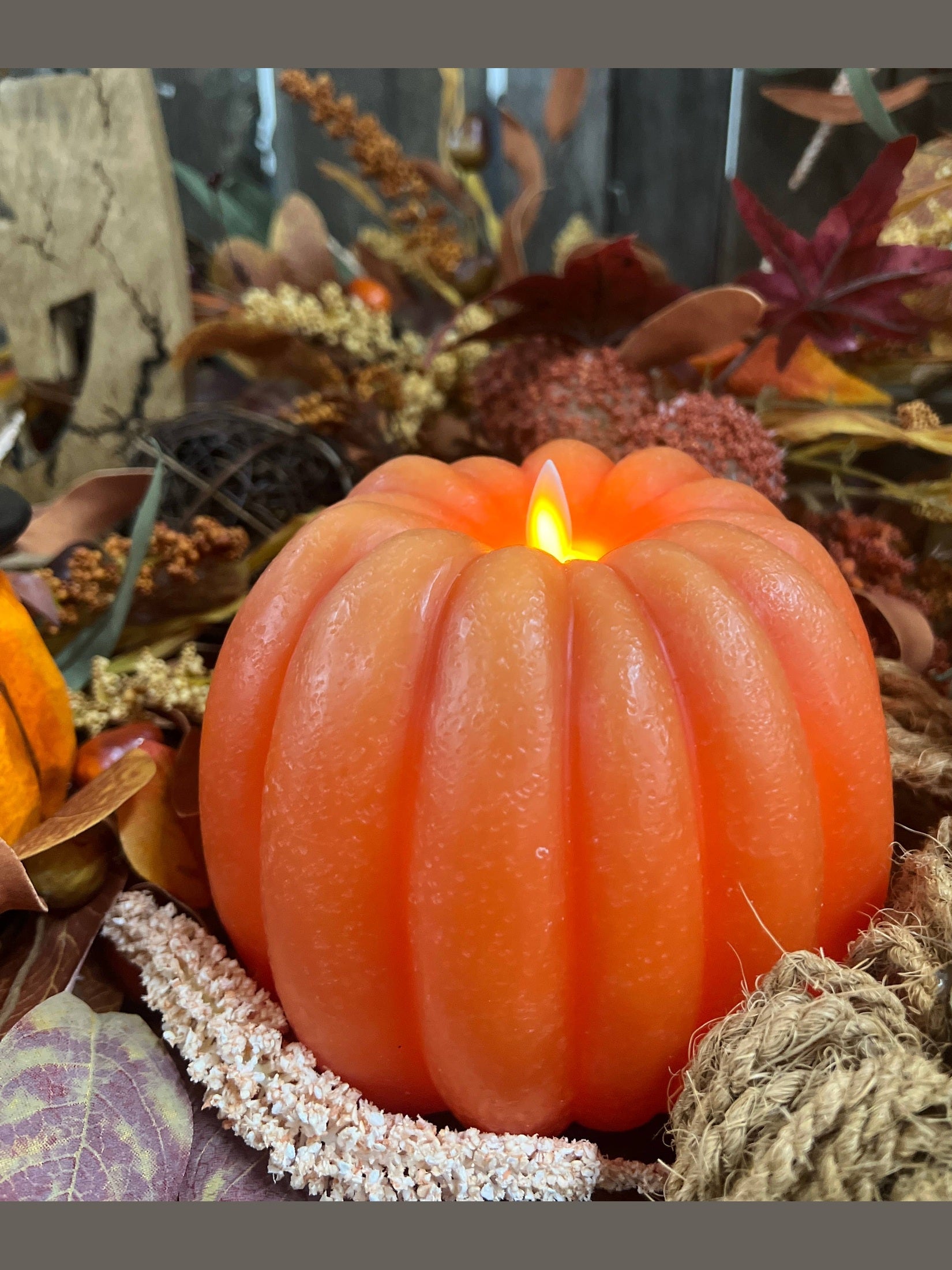 Orange Pumpkin Carved Moving Flame LED Candle 6x5 - Thumbnail 2
