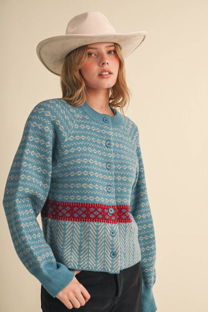 GEOMETRIC KNIT BUTTON UP SWEATER CARDIGAN: PEACOCK CREAM