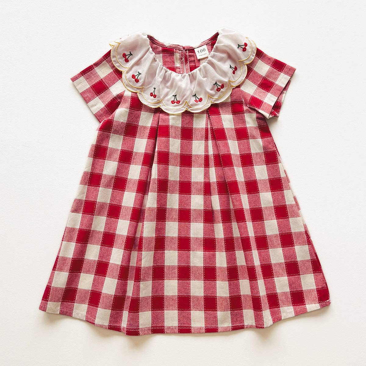 Summer Arrival Baby Girls Short Sleeves Cherry and Plaid Pattern Dress: Red / 100 (2-3Y)