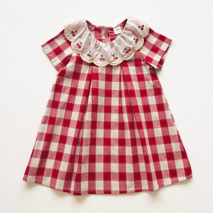 Summer Arrival Baby Girls Short Sleeves Cherry and Plaid Pattern Dress: Red / 100 (2-3Y)