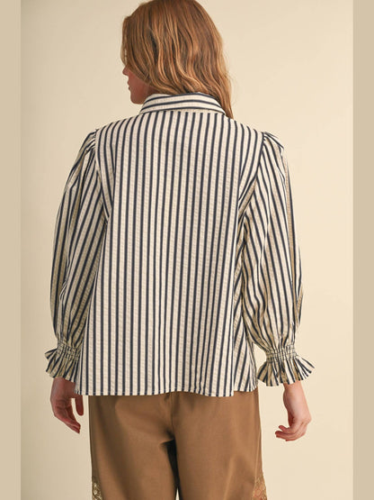 STRIPED BUTTON UP TOP WITH DIAMOND SMOCKED YOKE MTP5183: DENIM BLUE STRIPE / L