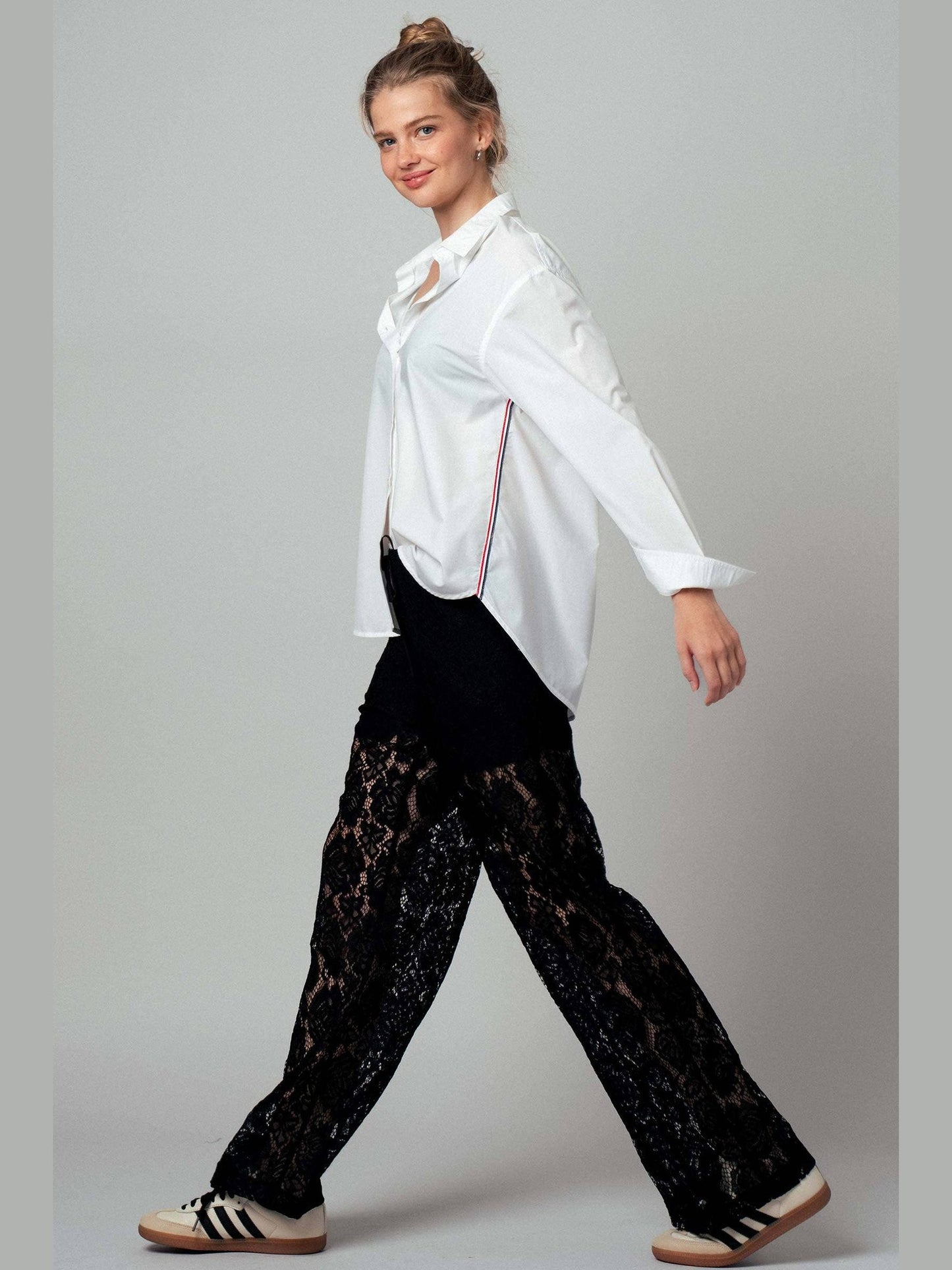 Striped Twill Tape Detail Statement Button Shirt: WHITE / S-2/M-2/L-2