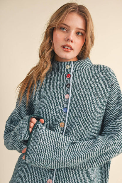 STRIPED SWEATER CARDIGAN WITH COLORFUL BUTTONS MSW11250: IVORY RED / L
