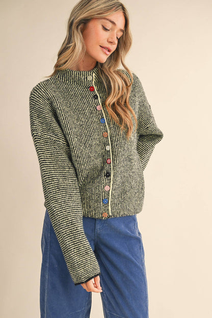 STRIPED SWEATER CARDIGAN WITH COLORFUL BUTTONS MSW11250: NATURAL GREY / L