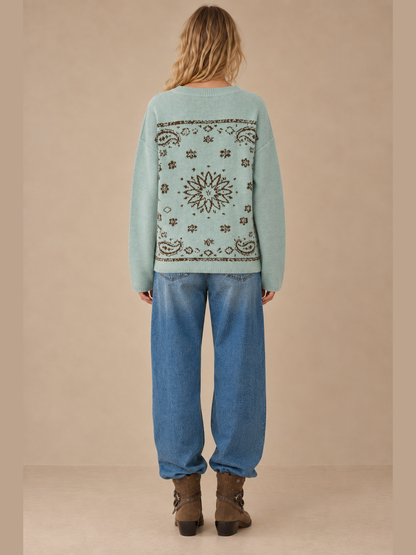 SA10162T - Western Bandana Jacquard Crewneck Sweater: Brown / M/L
