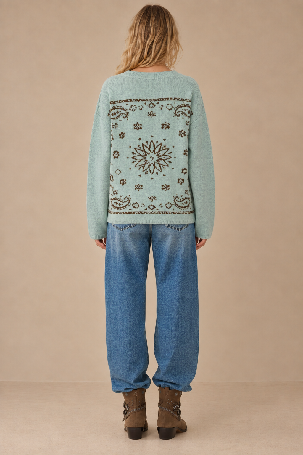 Western Bandana Jacquard Crewneck Sweater: Blue & Brown