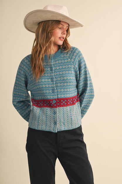 GEOMETRIC KNIT BUTTON UP SWEATER CARDIGAN: PEACOCK CREAM
