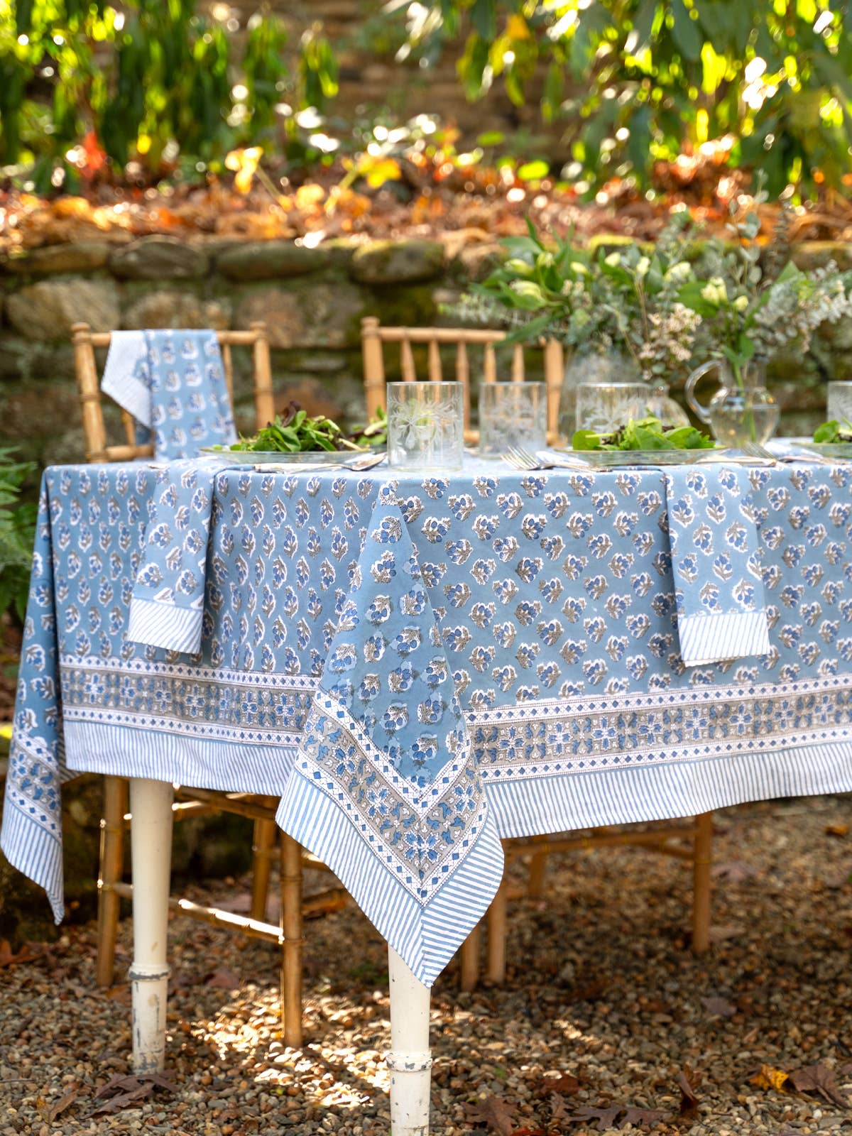 Misty Morning Block Print Tablecloth - Blue: 54x54