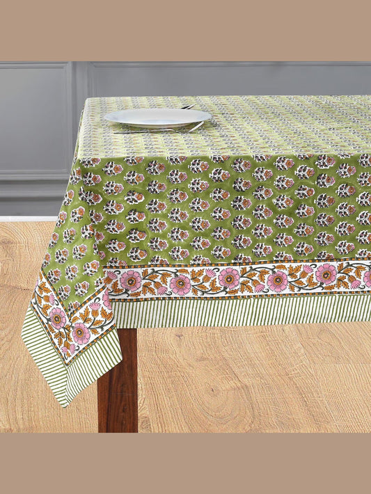 Jade Green Cotton Indian Hand-Block Printed Tablecloth