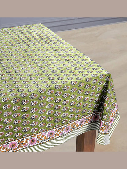 Jade Green Cotton Indian Hand-Block Printed Tablecloth