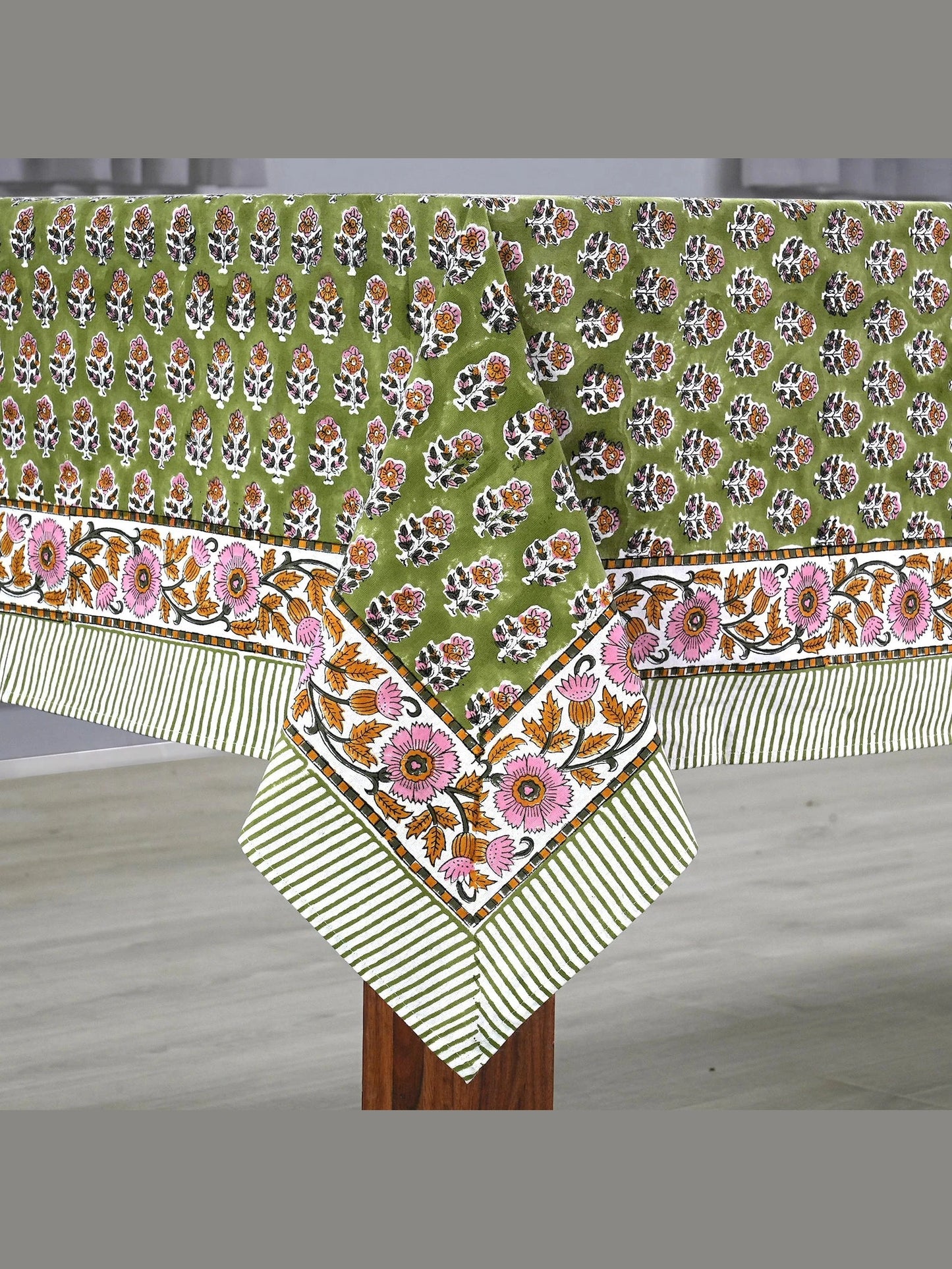 Jade Green Cotton Indian Hand-Block Printed Tablecloth
