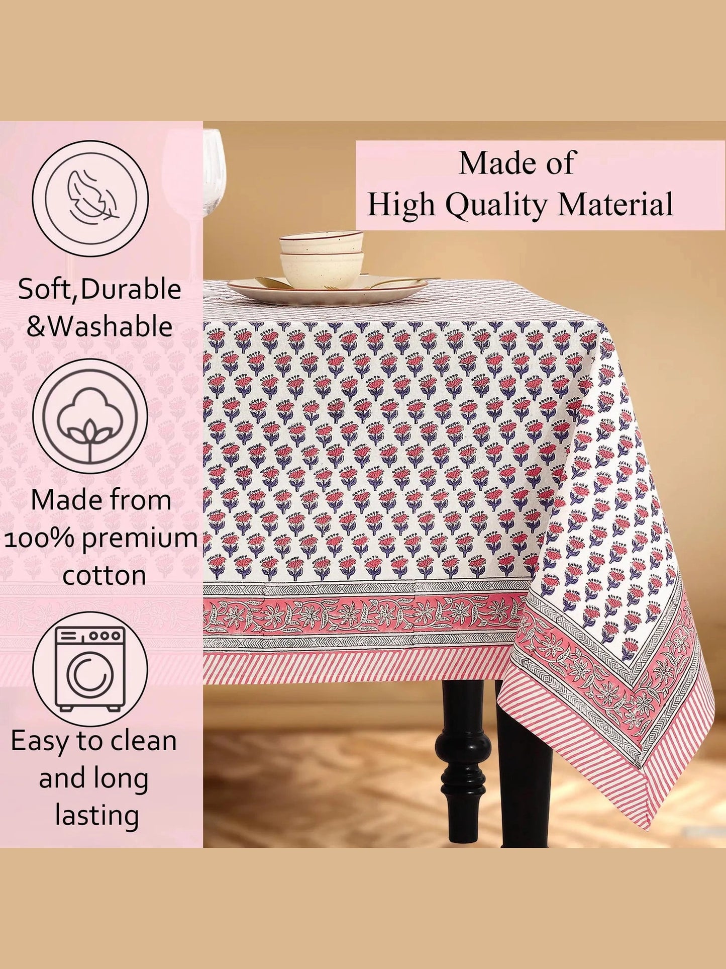 Pink Sapphire Hand Block Printed Cotton Tablecloth