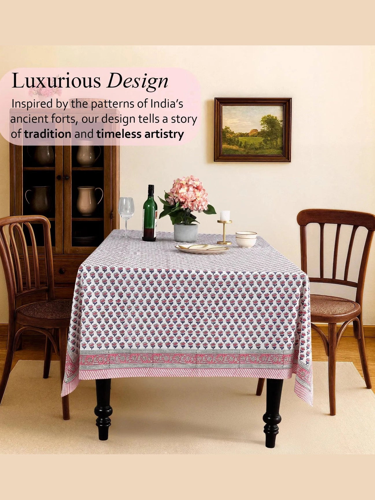 Pink Sapphire Hand Block Printed Cotton Tablecloth