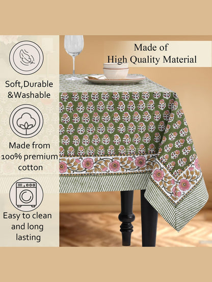 Jade Green Cotton Indian Hand-Block Printed Tablecloth