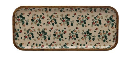 Enameled Acacia Wood Tray with Strawberry Floral Pattern